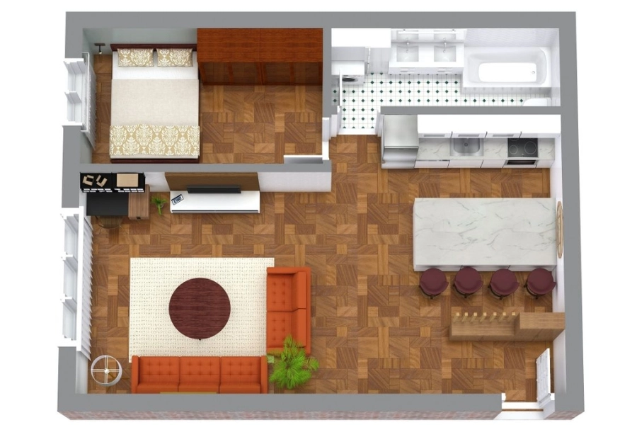 Bố trí bếp liền phòng khách tối ưu cho căn hộ 1 phòng ngủ