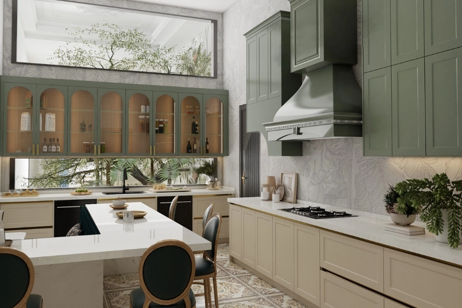 Mặt b&agrave;n bếp h&agrave;i h&ograve;a m&agrave;u sắc gi&uacute;p kh&ocirc;ng gian bếp tinh tế v&agrave; sang trọng hơn.