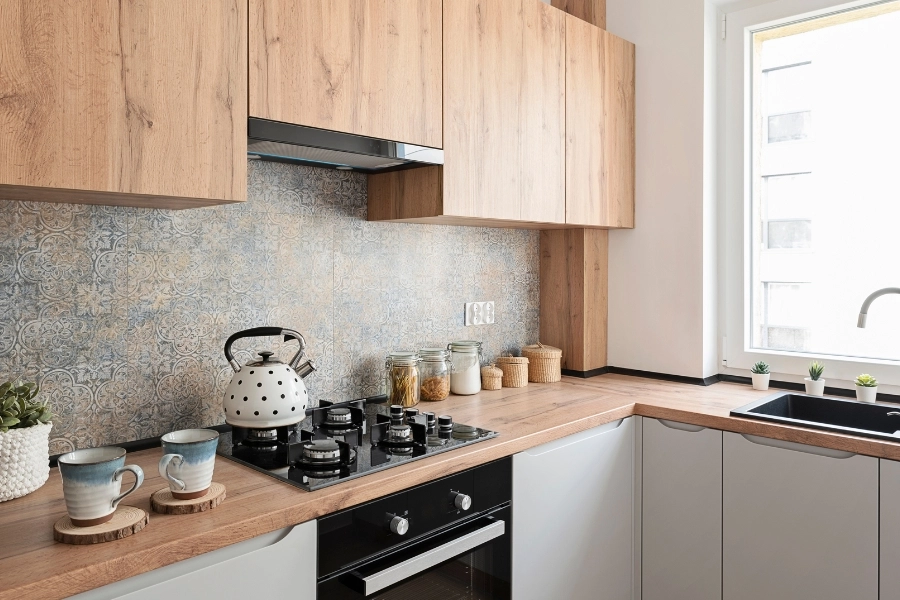 Thiết kế b&agrave;n bếp đẹp​ tối ưu diện t&iacute;ch mang lại sự tinh tế cho căn hộ mini.