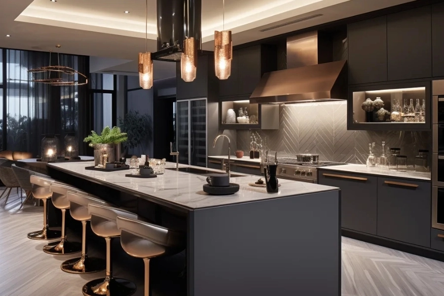 B&agrave;n bếp sang trọng kết hợp &aacute;nh s&aacute;ng ấm mang lại chiều s&acirc;u cho kh&ocirc;ng gian.