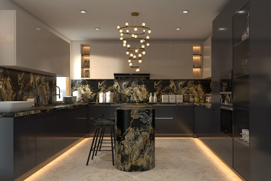 Thiết kế bếp Luxury nổi bật với đá vân mạnh và ánh sáng tinh tế.