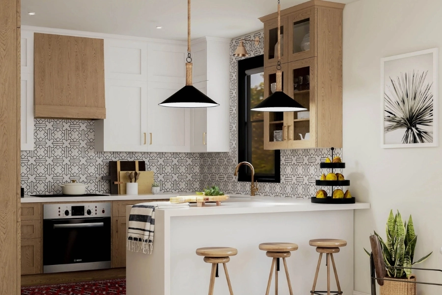 Không gian thiết kế bếp chung cư thêm ấm áp nhờ quầy bar mini hiện đại.